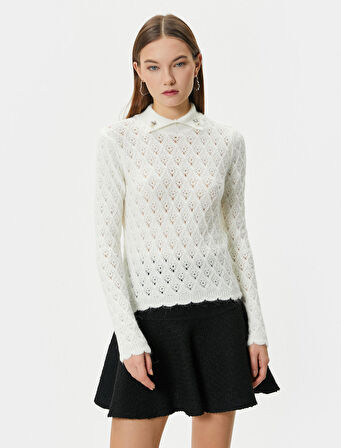 Polo Yaka Ajurlu Triko Kazak Slim Fit Yumuşak Dokulu İnci Broş Detaylı