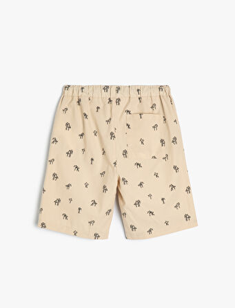 Chino Şort Palmiye Baskılı Cepli Beli Lastikli Bağlamalı Pamuklu