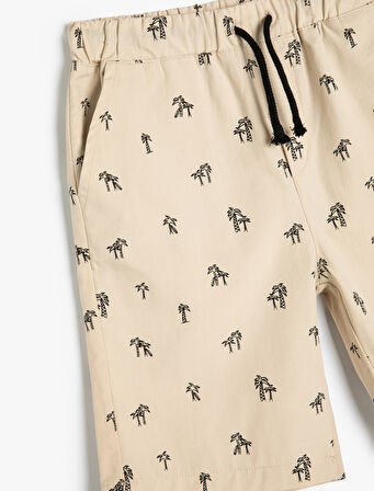 Chino Şort Palmiye Baskılı Cepli Beli Lastikli Bağlamalı Pamuklu