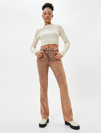 Eskitilmiş Hafif İspanyol Paça Kot Pantolon Dar Kesim Standart Bel Pamuklu Cepli - Victoria Slim Jeans