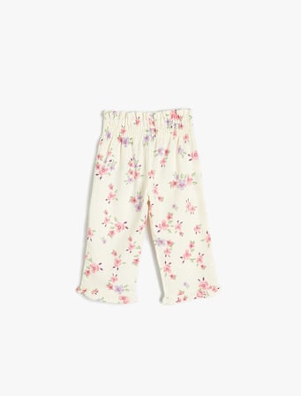 Bol Paça Keten Pantolon Çiçek Desenli Beli Lastikli Dokulu