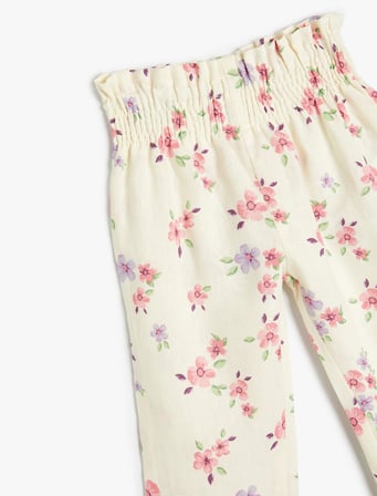Bol Paça Keten Pantolon Çiçek Desenli Beli Lastikli Dokulu