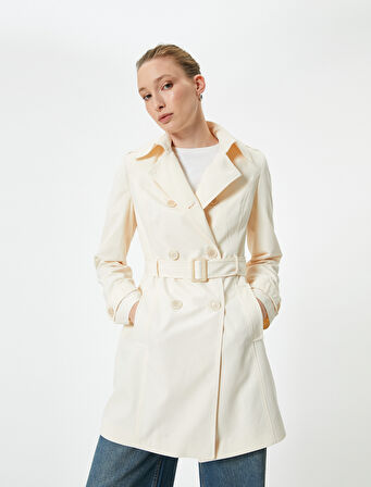 Kruvaze Trençkot Düğmeli Cepli Kemer Detaylı Standart Kesim