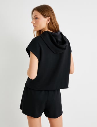 Kısa Kollu Spor Sweatshirt Kapüşonlu Beli Bağlama Detaylı Kanguru Cepli Modal Kumaş