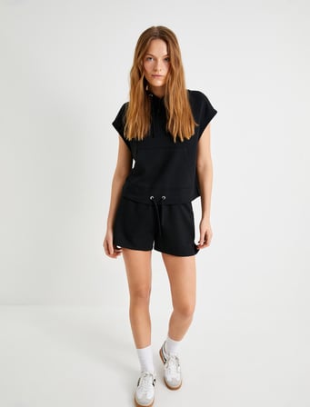 Kısa Kollu Spor Sweatshirt Kapüşonlu Beli Bağlama Detaylı Kanguru Cepli Modal Kumaş