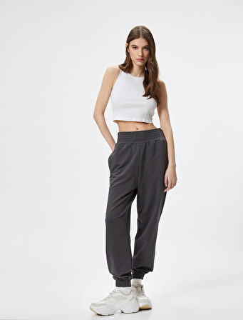 Jogger Eşofman Altı Yüksek Bel Rahat Kalıp Cepli Pamuk Karışımlı