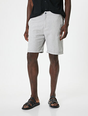 Bermuda Şort Chino Cepli Paça Detaylı Keten Karışımlı 