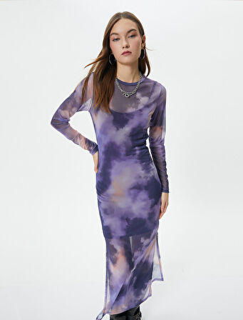 Tül Kalem Elbise Midi Boy Batik Desenli Uzun Kollu Yuvarlak Yaka Astarlı Yırtmaçlı