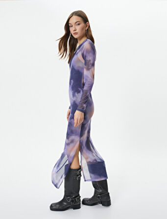 Tül Kalem Elbise Midi Boy Batik Desenli Uzun Kollu Yuvarlak Yaka Astarlı Yırtmaçlı