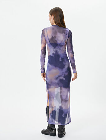 Tül Kalem Elbise Midi Boy Batik Desenli Uzun Kollu Yuvarlak Yaka Astarlı Yırtmaçlı