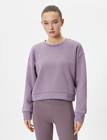 Basic Spor Crop Sweatshirt Rahat Kalıp Pamuklu Bisiklet Yaka Uzun Kollu