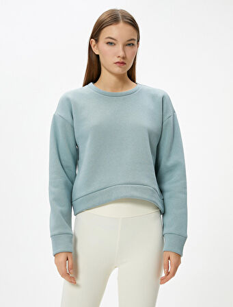 Basic Spor Crop Sweatshirt Rahat Kalıp Pamuklu Bisiklet Yaka Uzun Kollu