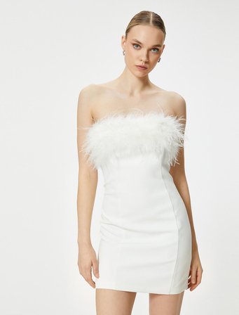 Mini Straplez Elbise Bridal Otriş Tüy Detaylı Slim Fit Astarlı