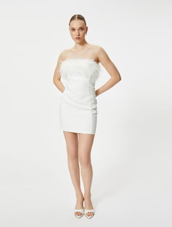 Mini Straplez Elbise Bridal Otriş Tüy Detaylı Slim Fit Astarlı