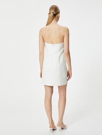 Mini Straplez Elbise Bridal Otriş Tüy Detaylı Slim Fit Astarlı