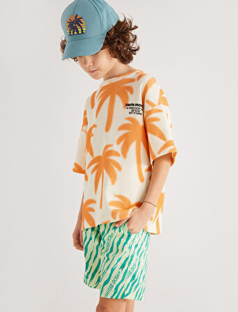 Tişört Bisiklet Yaka Kısa Kollu Palmiye Baskılı Pamuklu