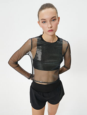 Parlak Tül Crop Tişört Spor Uzun Kollu Bisiklet Yaka Rahat Kalıp