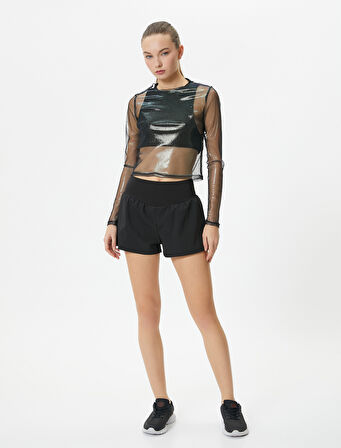 Parlak Tül Crop Tişört Spor Uzun Kollu Bisiklet Yaka Rahat Kalıp