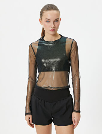 Parlak Tül Crop Tişört Spor Uzun Kollu Bisiklet Yaka Rahat Kalıp