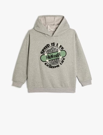 Kapşonlu Sweatshirt Kaykay Temalı Uzun Kollu Şardonlu  