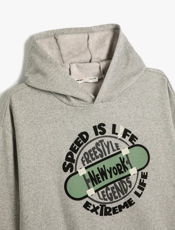 Kapşonlu Sweatshirt Kaykay Temalı Uzun Kollu Şardonlu  