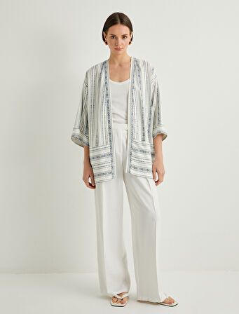 Kimono Geniş Yarım Kollu Cepli Keten Karışımlı