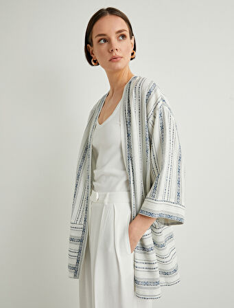 Kimono Geniş Yarım Kollu Cepli Keten Karışımlı