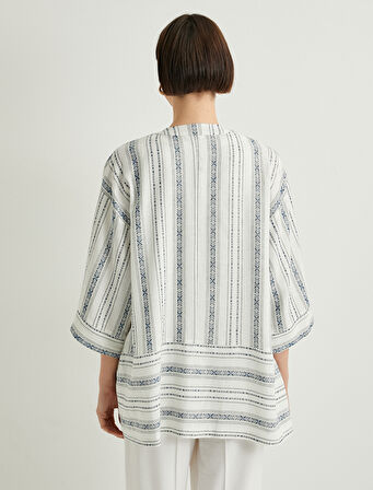 Kimono Geniş Yarım Kollu Cepli Keten Karışımlı