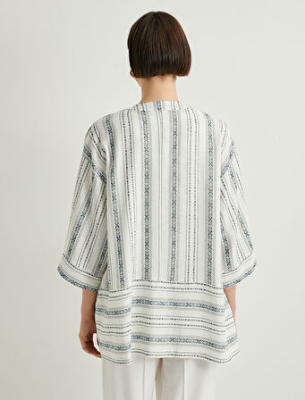 Kimono Geniş Yarım Kollu Cepli Keten Karışımlı