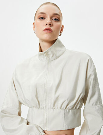 Crop Bomber Ceket Fermuarlı Dik Yaka 