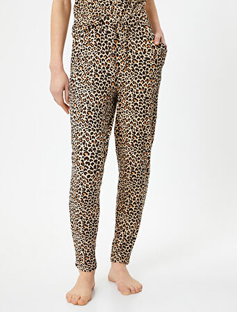 Leopar Desenli Pijama Altı Beli Bağcıklı Cepli