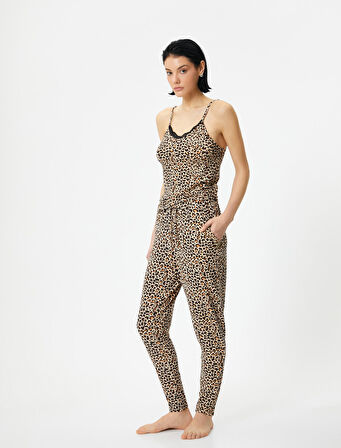 Leopar Desenli Pijama Altı Beli Bağcıklı Cepli