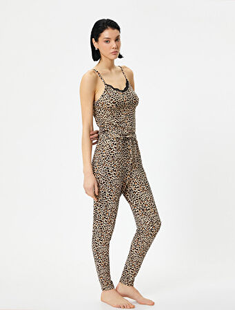 Leopar Desenli Pijama Üstü Atlet Dantelli İnce Askılı