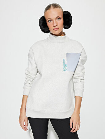 Dik Yaka Sweatshirt Baskılı Düşük Omuzlu