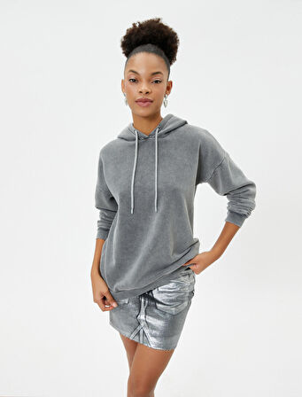 Oversize Kapşonlu Sweatshirt Soluk Efektli Uzun Kollu 