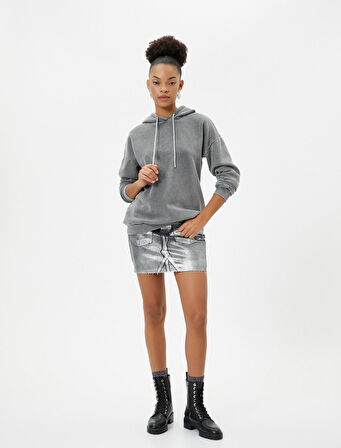 Oversize Kapşonlu Sweatshirt Soluk Efektli Uzun Kollu 