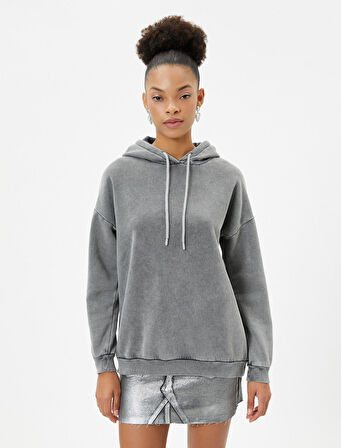 Oversize Kapşonlu Sweatshirt Soluk Efektli Uzun Kollu 