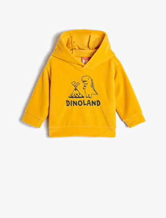 Kapşonlu Dinozorlu Sweatshirt Baskılı Uzun Kollu Şardonlu