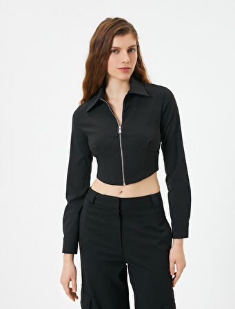 Crop Bluz Fermuarlı Slim Fit Dikiş Detaylı Uzun Kollu