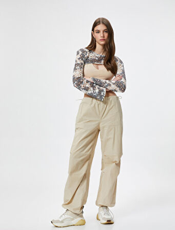 Ajurlu Crop Bolero Tişört Uzun Geniş Kollu Batik Desenli 