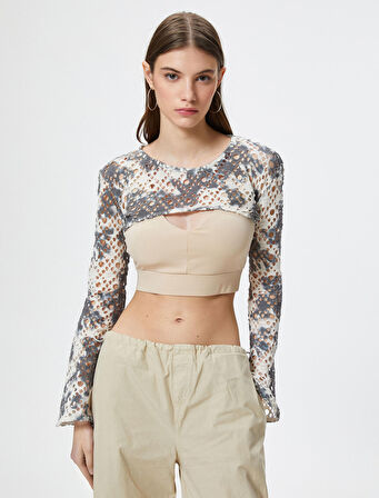 Ajurlu Crop Bolero Tişört Uzun Geniş Kollu Batik Desenli 