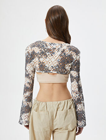 Ajurlu Crop Bolero Tişört Uzun Geniş Kollu Batik Desenli 