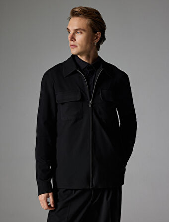 Polo Yaka Ceket Fermuarlı Cep Detaylı Slim Fit