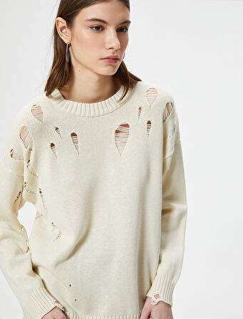 Yırtık Triko Kazak Uzun Kollu Bisiklet Yaka 