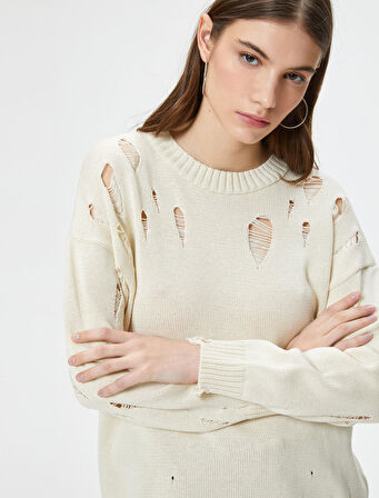 Yırtık Triko Kazak Uzun Kollu Bisiklet Yaka 