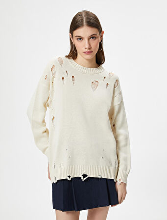 Yırtık Triko Kazak Uzun Kollu Bisiklet Yaka 