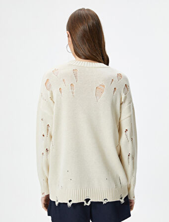 Yırtık Triko Kazak Uzun Kollu Bisiklet Yaka 