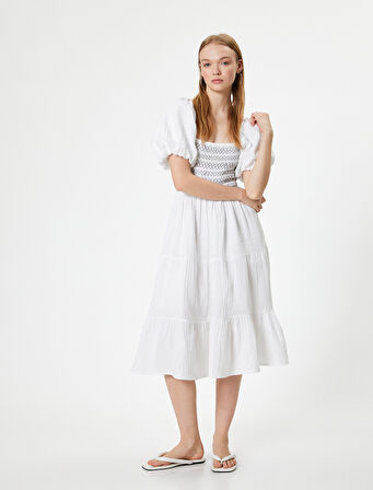 Balon Kol Poplin Elbise Midi Nakışlı Kare Yaka