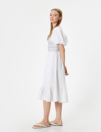 Balon Kol Poplin Elbise Midi Nakışlı Kare Yaka