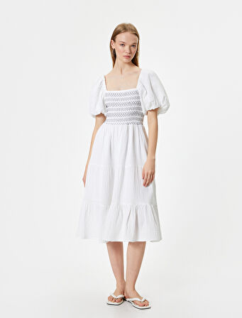 Balon Kol Poplin Elbise Midi Nakışlı Kare Yaka